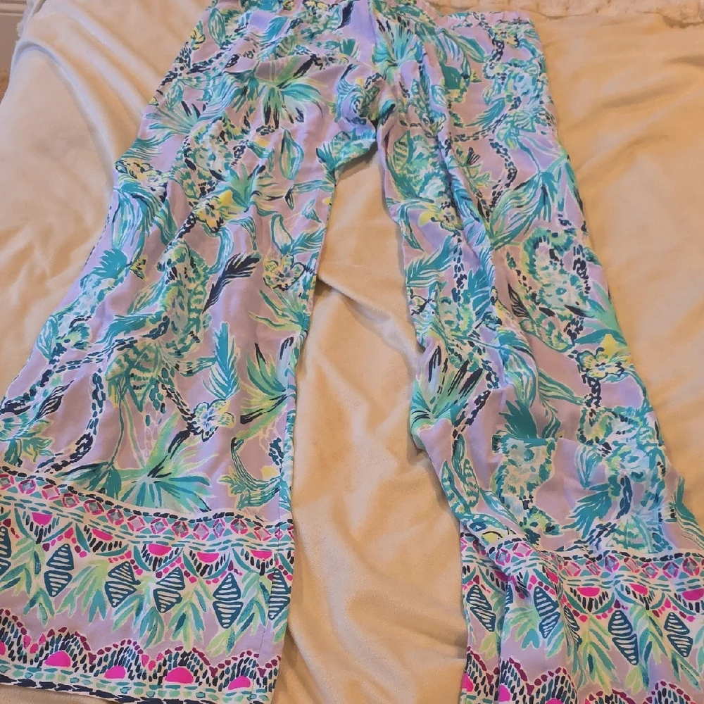 Lilly Pulitzer Lavender Polazzo Floral Pants with Aqua & Pink Trim - Picture 1 of 3